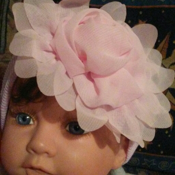Pink silky flower baby/toddler hat - Picture 2 of 6